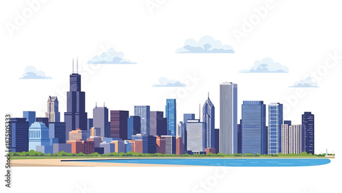 Flat vector illustration of a Chicago-style skyline with tall modern buildings along a lakeside, calm water reflections and clean geometric architecture in solid flat colors