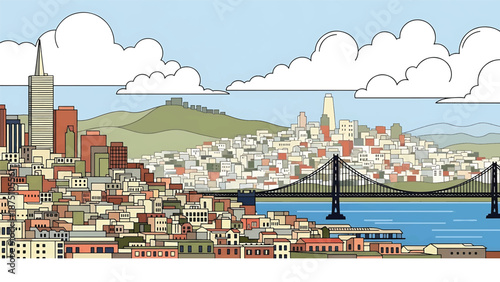 Flat vector illustration of a San Francisco–inspired city view with rolling hills, dense urban blocks, waterfront setting and abstract bridge shapes in solid flat colors