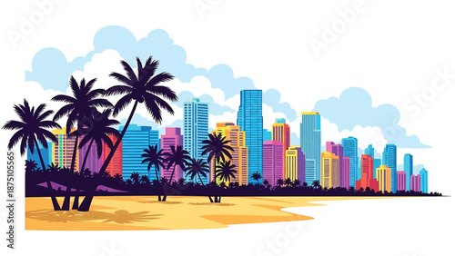 Flat vector illustration of a Miami-style coastal skyline with modern high-rise buildings, palm trees, beach foreground and tropical atmosphere using clean solid colors