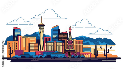 Flat vector illustration of a Las Vegas–inspired city skyline with glowing urban blocks, desert surroundings and nightlife mood, using abstract architecture and solid flat colors