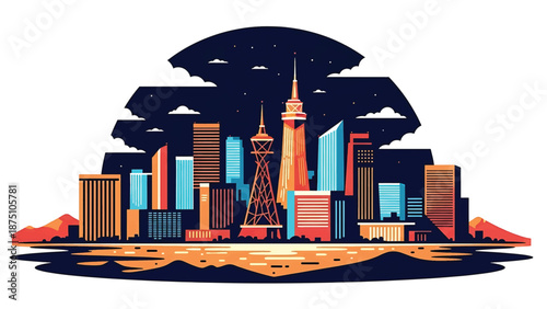 Flat vector illustration of a Las Vegas–inspired city skyline with glowing urban blocks, desert surroundings and nightlife mood, using abstract architecture and solid flat colors