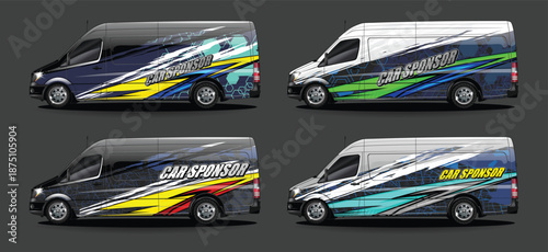 Professional Commercial Van Branding Wraps. High-Impact Geometric Livery for Large Cargo Vans. Dynamic Tech-Hex and Slash Motifs. Automotive Vinyl Decal Templates for Transport Branding