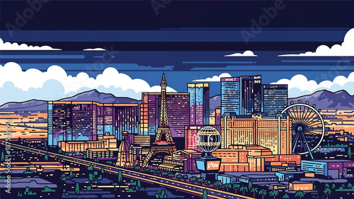 Flat vector illustration of a Las Vegas–inspired city skyline with glowing urban blocks, desert surroundings and nightlife mood, using abstract architecture and solid flat colors