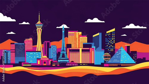 Flat vector illustration of a Las Vegas–inspired city skyline with glowing urban blocks, desert surroundings and nightlife mood, using abstract architecture and solid flat colors