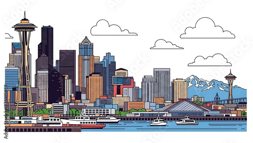 Flat vector illustration of a Seattle-style cityscape with modern buildings, waterfront setting, distant mountains and cloudy sky shapes in clean solid vector style