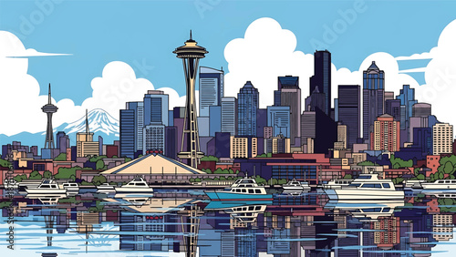Flat vector illustration of a Seattle-style cityscape with modern buildings, waterfront setting, distant mountains and cloudy sky shapes in clean solid vector style