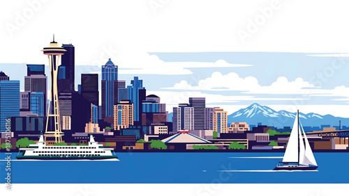 Flat vector illustration of a Seattle-style cityscape with modern buildings, waterfront setting, distant mountains and cloudy sky shapes in clean solid vector style