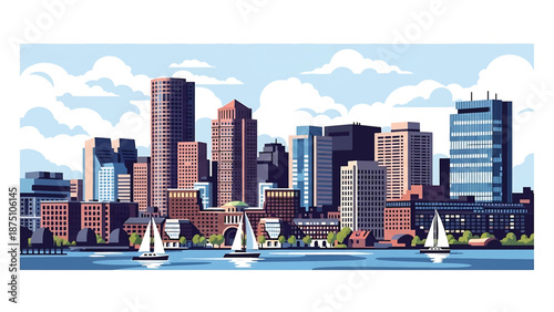 Flat vector illustration of a Boston-inspired city view featuring historic low-rise buildings, modern skyline elements and harbor scenery in clean solid flat colors