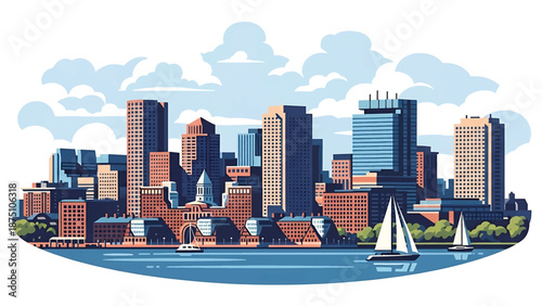 Flat vector illustration of a Boston-inspired city view featuring historic low-rise buildings, modern skyline elements and harbor scenery in clean solid flat colors