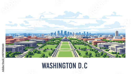 Flat vector illustration of a Washington DC–style cityscape with balanced low-rise skyline, wide avenues and green spaces, using abstract civic buildings in solid colors