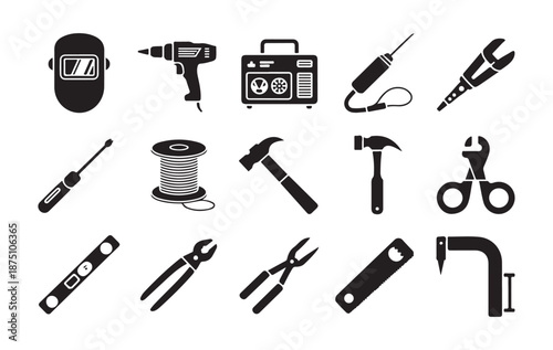 Industrial repair and construction equipment icons drill welder hammer pliers screwdriver level and saw black silhouettes