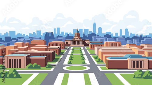 Flat vector illustration of a Washington DC–style cityscape with balanced low-rise skyline, wide avenues and green spaces, using abstract civic buildings in solid colors