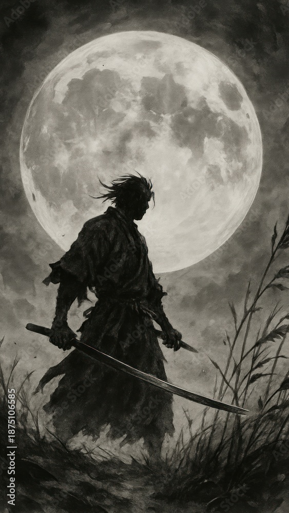 Obraz premium Samurai silhouette under full moon.