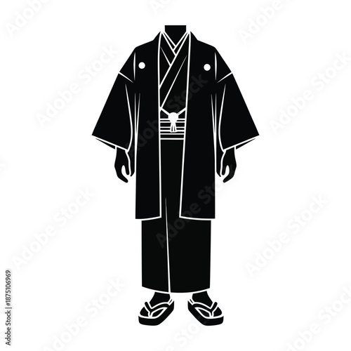 Full length male Japanese kimono with haori jacket and geta sandals vector, traditional men's yukata silhouette