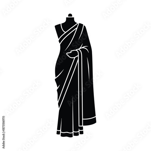 Indian sari on fashion mannequin silhouette vector, traditional ethnic dress boutique display icon, tailor's dummy illustration