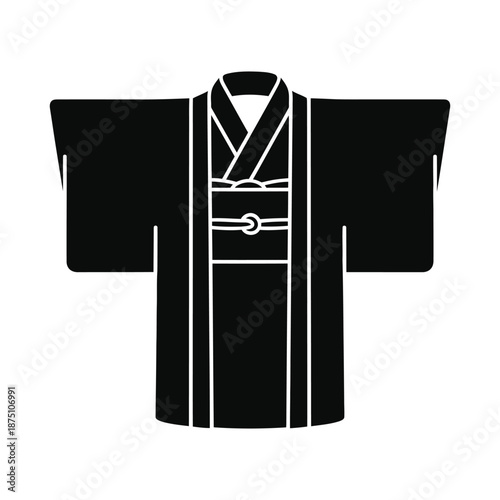 Japanese traditional kimono dress icon, collar and obi detail vector silhouette, Asian fashion illustration