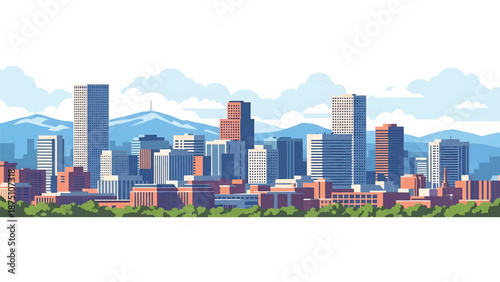 Flat vector illustration of a Denver-style cityscape with mid-rise skyline, open urban layout and distant mountain backdrop rendered in solid flat colors