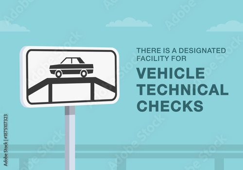 Safe driving tips and traffic regulation rules. Close-up of european "place for car inspection" sign meaning. Designated facility for technical checks. Flat vector illustration template.