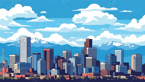 Flat vector illustration of a Denver-style cityscape with mid-rise skyline, open urban layout and distant mountain backdrop rendered in solid flat colors