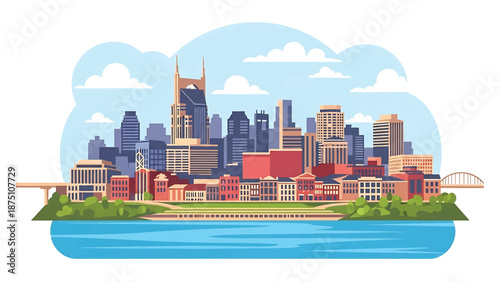 Flat vector illustration of a Nashville-style city skyline with mixed urban buildings, river setting and cultural city atmosphere using abstract flat architecture