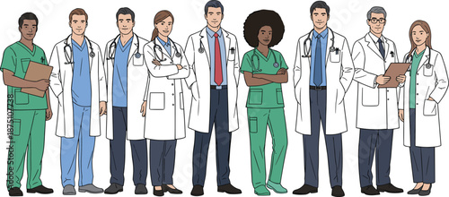 Diverse Medical Team Illustration Showing Doctors Nurses Healthcare Professionals Standing Together In Hospital Uniforms For Modern Healthcare Concept