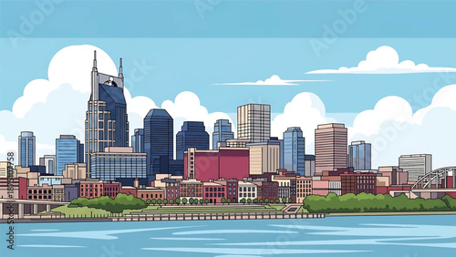 Flat vector illustration of a Nashville-style city skyline with mixed urban buildings, river setting and cultural city atmosphere using abstract flat architecture