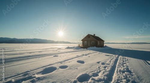 Afternoon sun hitting a lone wooden cabin in a vast snowy tundra, long shadows, distant icy mountain range. Generative AI