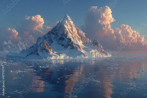 Majestic Snow-Capped Mountain at Sunset with Reflections in Tranquil Water