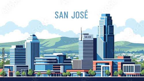 Flat vector illustration of a San Jose–inspired city view with tech-style modern buildings, suburban layout and rolling hills in the background using solid flat colors