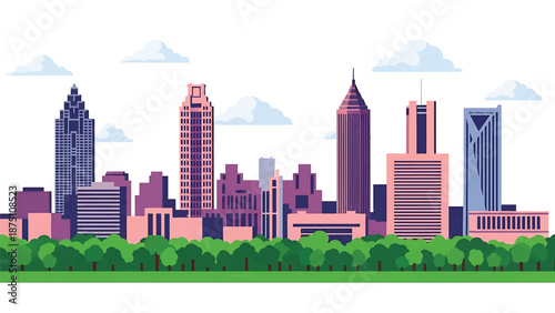 Flat vector illustration of an Atlanta-style skyline featuring modern skyscrapers surrounded by urban greenery and tree-lined areas, clean flat design with solid colors for travel themes