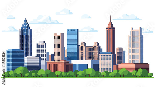Flat vector illustration of an Atlanta-style skyline featuring modern skyscrapers surrounded by urban greenery and tree-lined areas, clean flat design with solid colors for travel themes