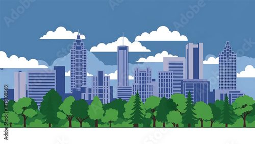 Flat vector illustration of an Atlanta-style skyline featuring modern skyscrapers surrounded by urban greenery and tree-lined areas, clean flat design with solid colors for travel themes