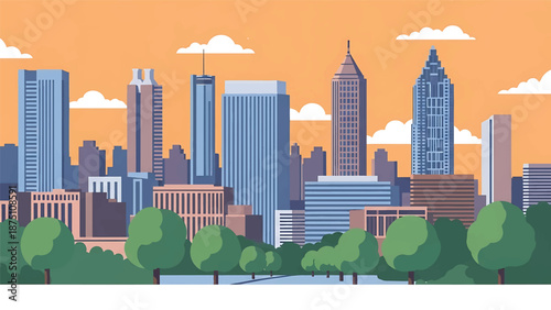 Flat vector illustration of an Atlanta-style skyline featuring modern skyscrapers surrounded by urban greenery and tree-lined areas, clean flat design with solid colors for travel themes