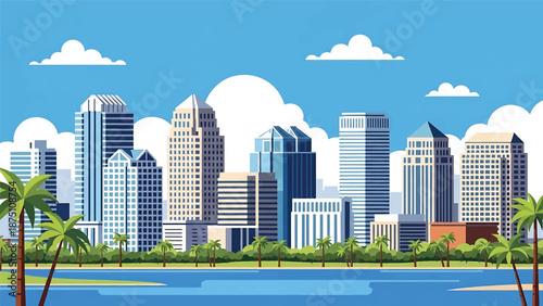 Flat vector illustration of an Orlando-inspired city view with modern buildings, lakes, palm trees and sunny atmosphere, clean flat vector style suitable for tourism visuals
