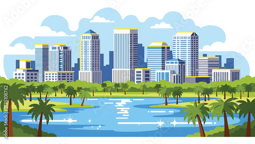 Flat vector illustration of an Orlando-inspired city view with modern buildings, lakes, palm trees and sunny atmosphere, clean flat vector style suitable for tourism visuals
