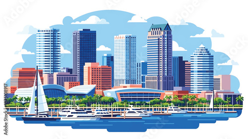 Flat vector illustration of a Tampa-style waterfront skyline with modern buildings, marina elements and calm coastal atmosphere, rendered in clean solid flat colors