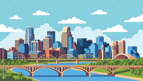Flat vector illustration of a Minneapolis-style cityscape with modern skyline, river flowing through downtown and simplified bridges, clean flat vector design with solid colors