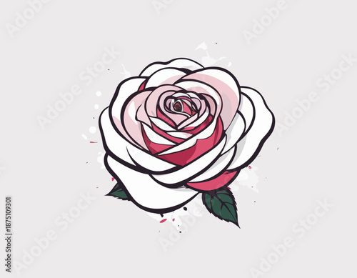 Beautiful hand-drawn pink rose illustration with soft watercolor splashes and green leaves, isolated on a clean white background. This elegant floral artwork symbolizes love, romance, beauty.