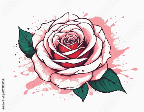 Beautiful hand-drawn pink rose illustration with soft watercolor splashes and green leaves, isolated on a clean white background. This elegant floral artwork symbolizes love, romance, beauty.