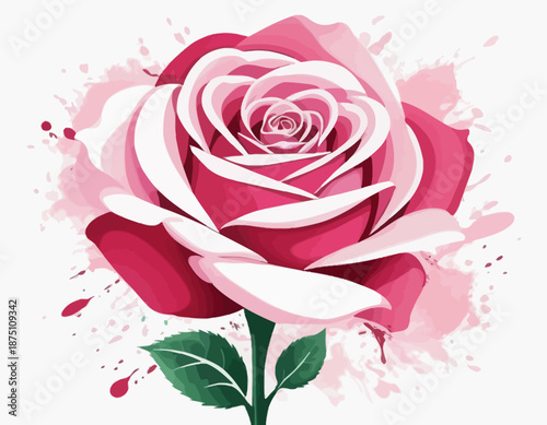 Beautiful hand-drawn pink rose illustration with soft watercolor splashes and green leaves, isolated on a clean white background. This elegant floral artwork symbolizes love, romance, beauty.