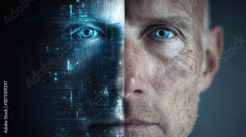 Close-up portrait of human face half overlaid with a digital overlay, symbolizing the duplication of human likenesses and a cautionary note on digital impersonation and AI-created deepfake identities.