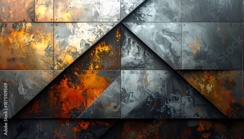 Geometric Metal Panels with Rustic Texture.