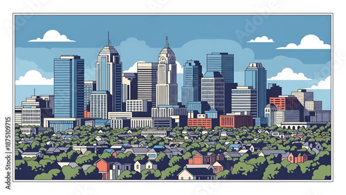 Flat vector illustration of a Columbus-inspired city view with modern mid-rise buildings, balanced urban layout and calm atmosphere using clean solid flat colors