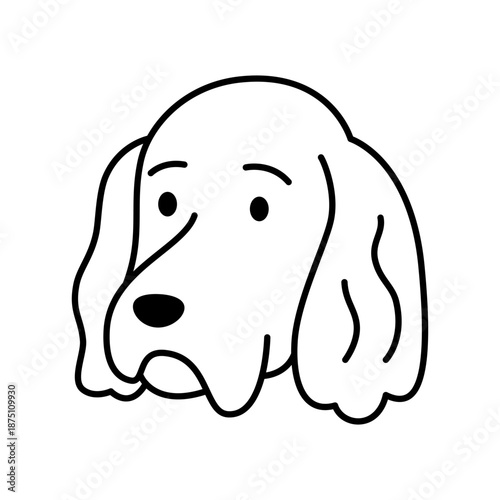 Sad looking dog with long droopy ears. Flat black and white vector pet illustration for melancholic themes