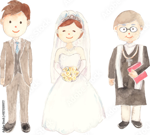 新郎新婦と神父の水彩イラスト　ベクター