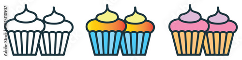 Illustration of three distinct pairs of cupcakes including outline, colorful blue, and pink versions