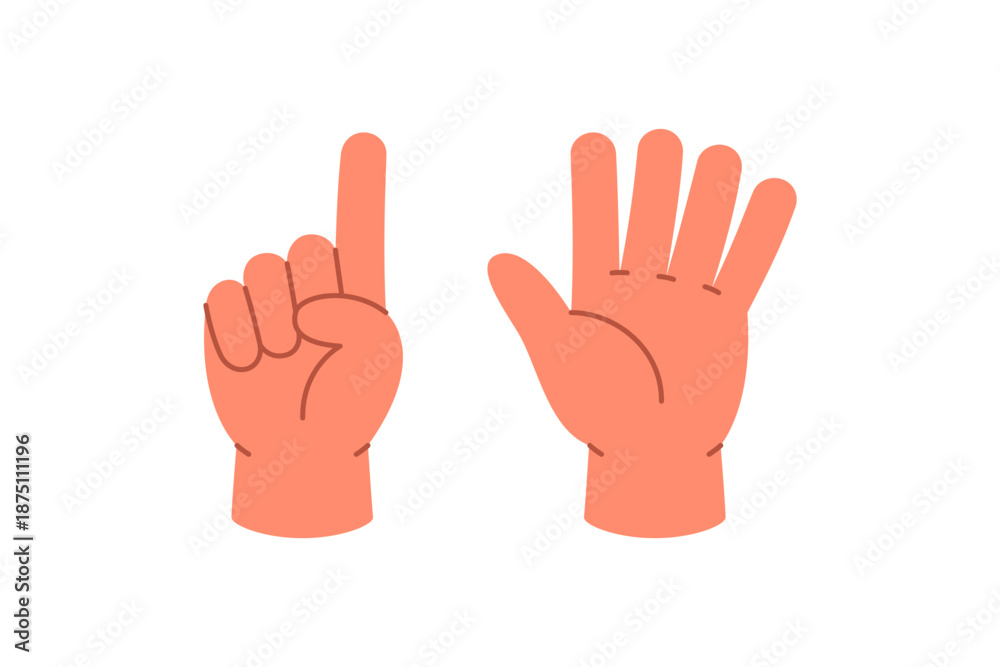 Obraz premium Hands showing number 6 with five fingers and one extra. Cartoon vector hand gesture for number learning and math education