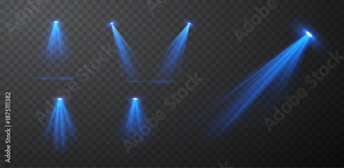 Set of realistic blue spotlight beams isolated on transparent vector background, stage lighting effects with glow and light rays for concert, show, presentation, cinema, event design composition.
