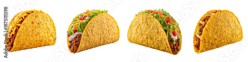 Set of four traditional hard shell Mexican beef tacos with fresh lettuce, cheese, and tomatoes, isolated on PNG, transparent background