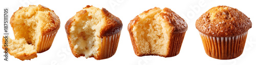 Set of four freshly baked golden vanilla muffins with bites taken out and crumbs, isolated PNG, transparent background